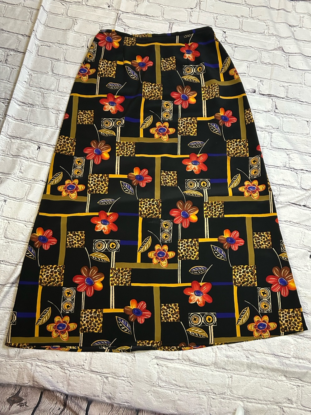 Vintage Joan Leslie 80s 90s Bold Floral Geometric Maxi Skirt Sz 8